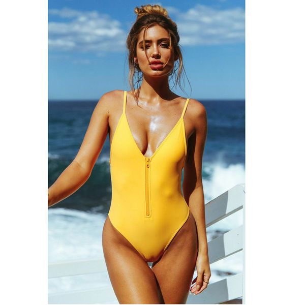 

женщины твердые one piece купальники zipper купальники монокини бикини mujer zip up купальники купальный костюм открытый плавательный beachw