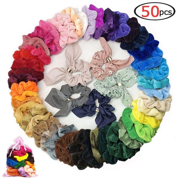 

50 pcs velvet scrunchie soft elastic hair rubber bands girls stretchy hair ring rope ponytail holder women accessories, Brown