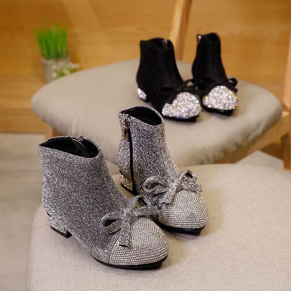 

baby shoes children boots high heel low bow for kids fashion winter shinning diamond ladies small feet sizes women, Black