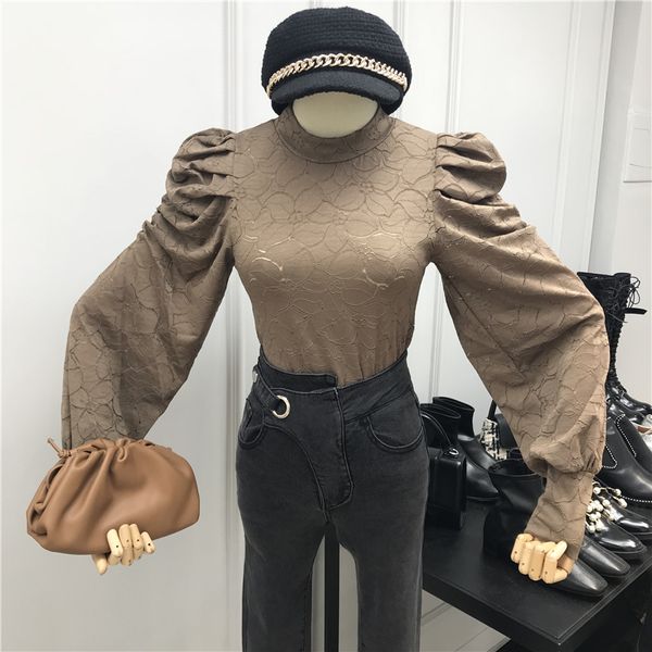 

autumn lace blouse women crochet lace shirt stand collar pullover bubble sleeve slim fit shirt blouses ladies blusas femme 2019, White