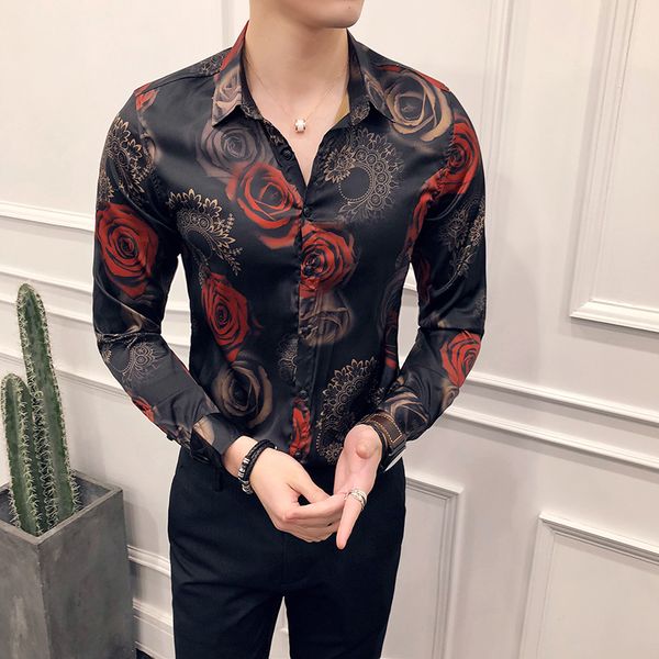 

rose print floral shirt men hc masculina slim fit hawaiian shirt long sleeve flower slim fit pron club party, White;black