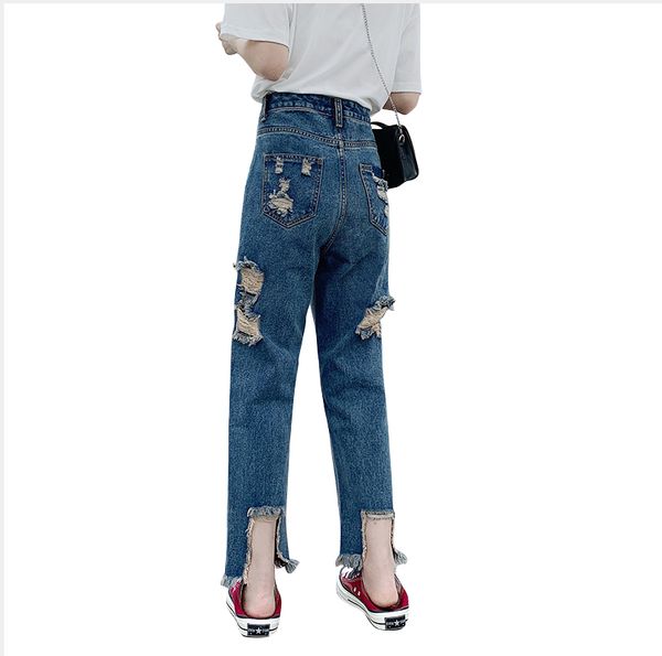 

women's fashion tattered jeans wash loose straight jeans high waist pants, Blue