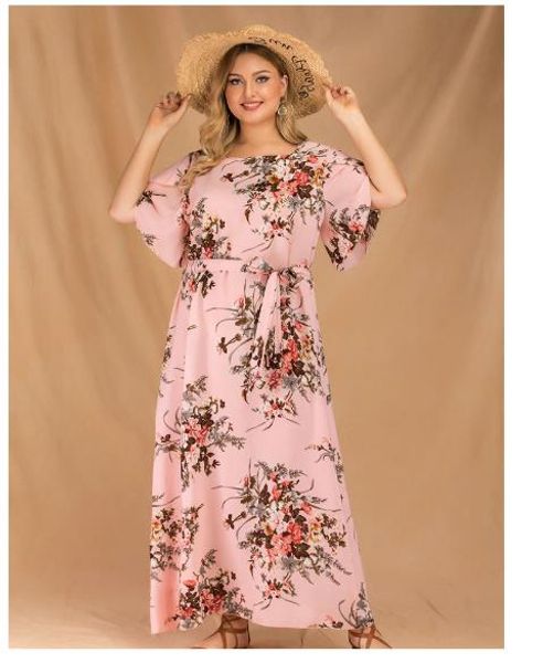 

plus size womens designer floral printed dress summer bell sleeve chiffon dresses fashion casual female clothing, Black;gray