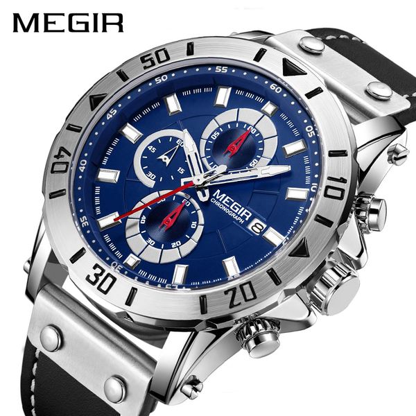 

megir fashion leather strap quartz men watches casual date brand luxurybusiness male sport wristwatches clock chronograph, Slivery;brown