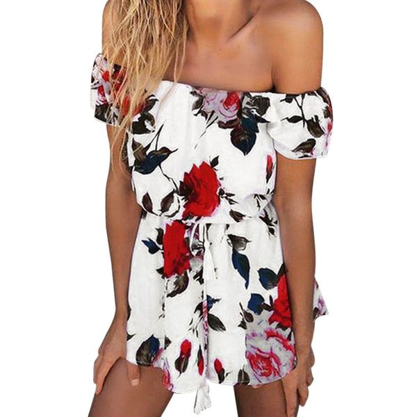 

jaycosin women jumpsuit women off shoulder loose chiffon sashes floral printed clubwear bodysuit for playsuits, Black;white
