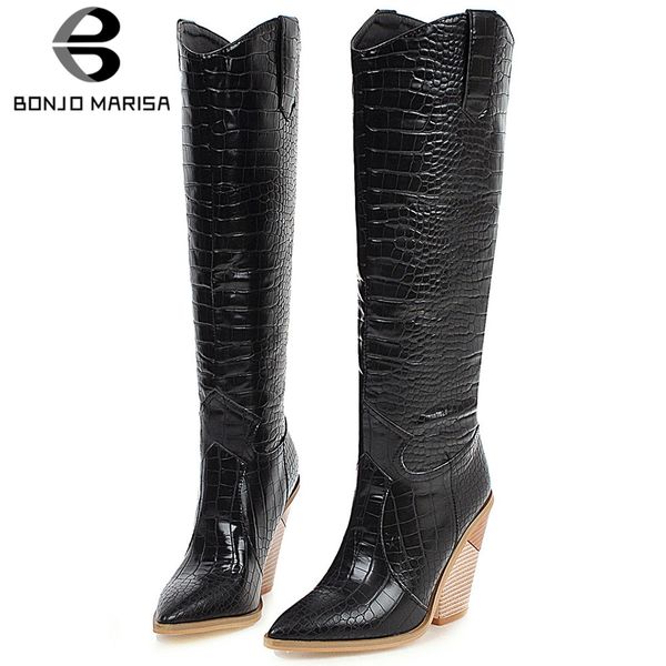 

bonjomarisa dropship plus size 34-48 brand winter knee high boots women 2019 fashion fretwork high heels boots shoes woman, Black