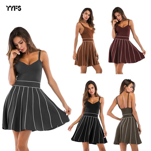 

popular womens new european and american dress 2020 summer striped knitted suspender large swing skirt, White;black