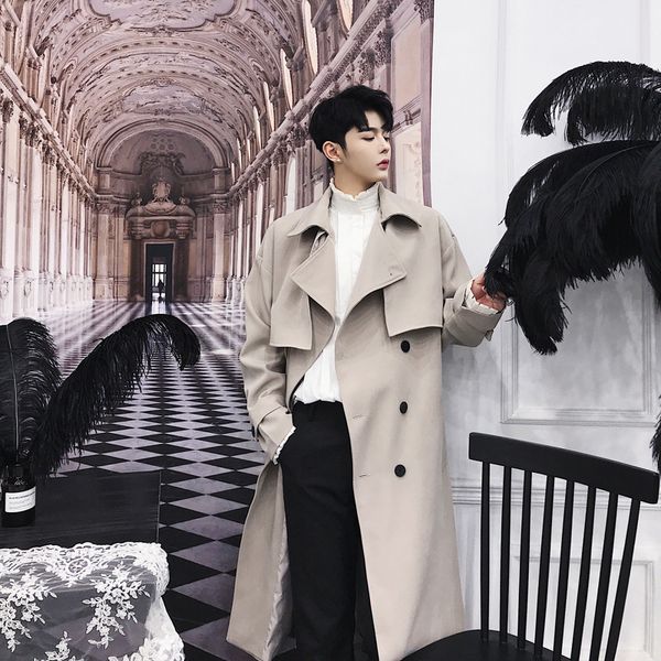 

korean super handsome youthful long windbreaker fashion slim men's outwear casual wild windbreaker size -2xl, Tan;black