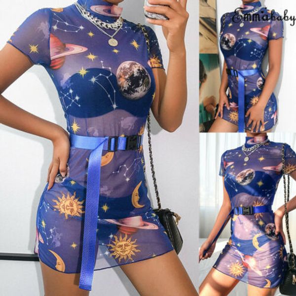 

2019 blue mesh dress lady women sheer mesh see through short sleeve bodycon party summer clubwear short mini dress, Black;gray