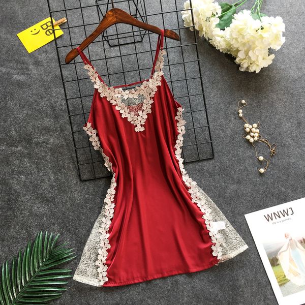 

summer dress for women silk satin sleeveless nightgown lace trim nightdress soft sleepwear homewear, Black;red
