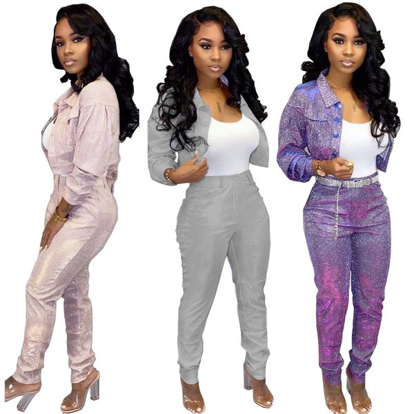 

22ly5106 women's two piece pants two piece suit of personalized frosted visual fabric tooling jacket fashion casual outwear outfits, White