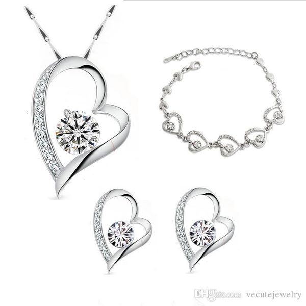 

18k white gold plated clear crystal heart necklace earrings bracelet jewelry sets for women wedding jewelry sets nice gift, Black