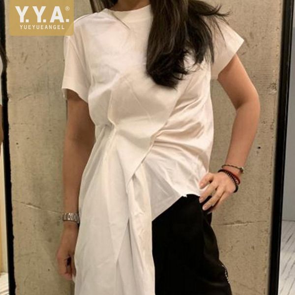 

streetwear designer summer asymmetrical short sleeve t-shirt women slim fit pleated white black cotton t-shirts 2020 female