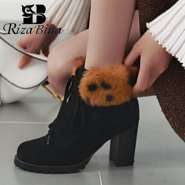 

rizabina women plush fur winter ankle boots daily office work keep warm snow boots round toe high heel shoes woman size 34-43, Black