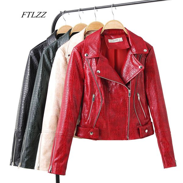 

women's leather & faux ftlzz autumn women soft serpentine jacket short coats turndown collar rivet zipper black red punk outerwear