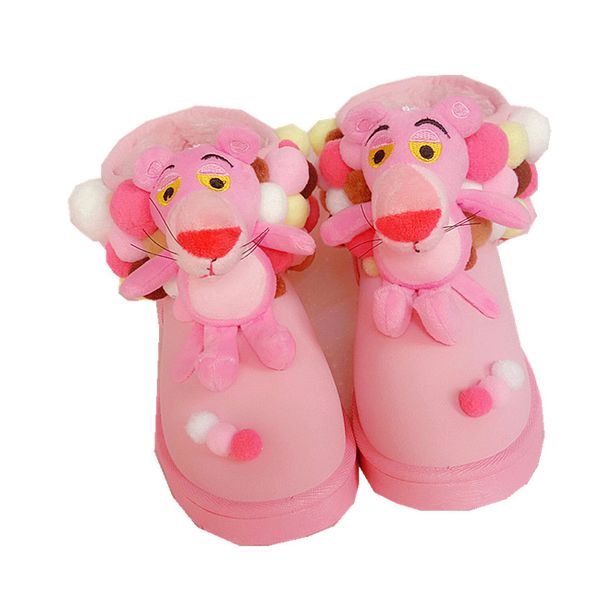 

2019 cartoon cute pink leopard snow boots naughty leopard warm cotton shoes plush ball female, Black