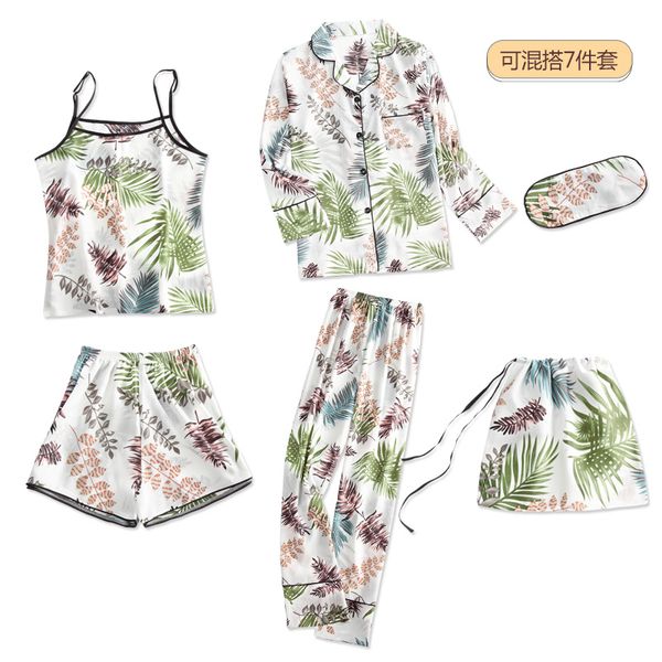 

spring summer 7 pieces set sleepwear silk elegant women pajamas print silk shorts long sleeve pajama set lounge pijamas, Blue;gray