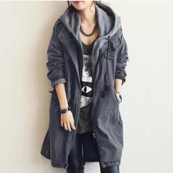 

2018 new style women coats stand collar long sleeve casual denim long trench coat plus size women zipper coat, Tan;black