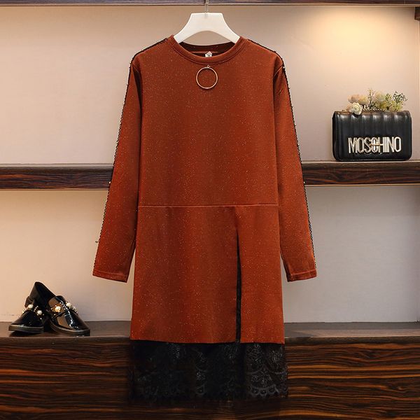 

xl-5xl plus размер женщины блестками платье весна 2020 выдалбливают вязания заклепка с длинным рукавом лоскутная дамы элегантные кружевные п, Black;gray