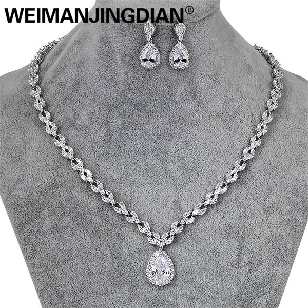 

brand large teardrop cubic zirconia necklace and earrings bridal jewelry sets for women wedding, Slivery;golden