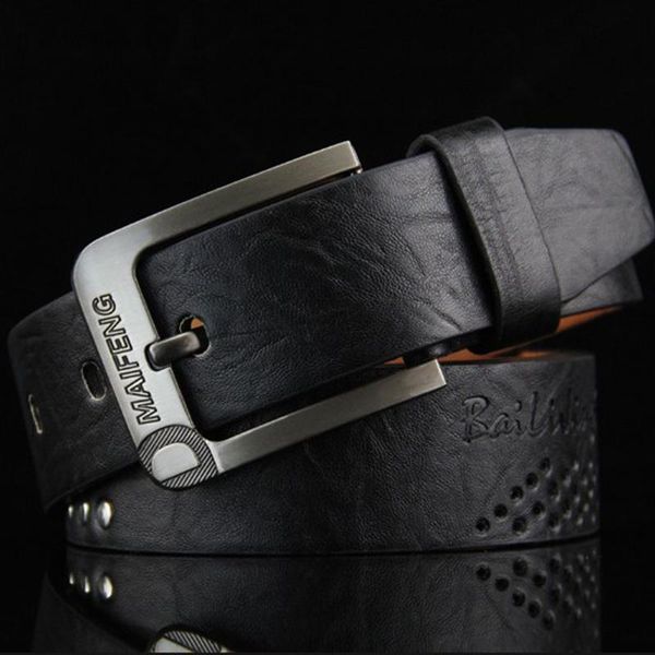 

2020 leather belt men classic pin buckle men's belt genuine punk rivet waist vintage metal embossing mens belts hot, Black;brown