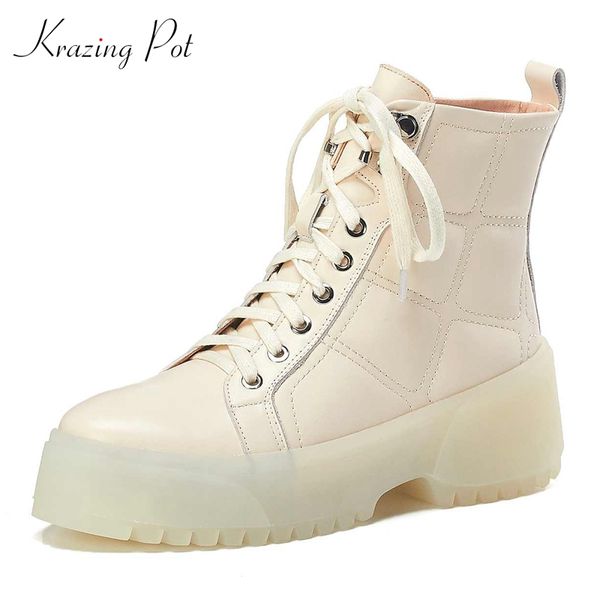 

krazing pot 2020 genuine leather gingham prints round toe thick bottom platform boots high heels winter luxury ankle boots l02, Black