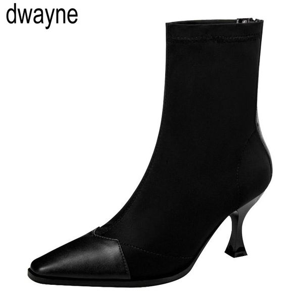 

women's boots pointed toe yarn elastic ankle boots thick heel high heels shoes woman female socks 2019 hjm89, Black