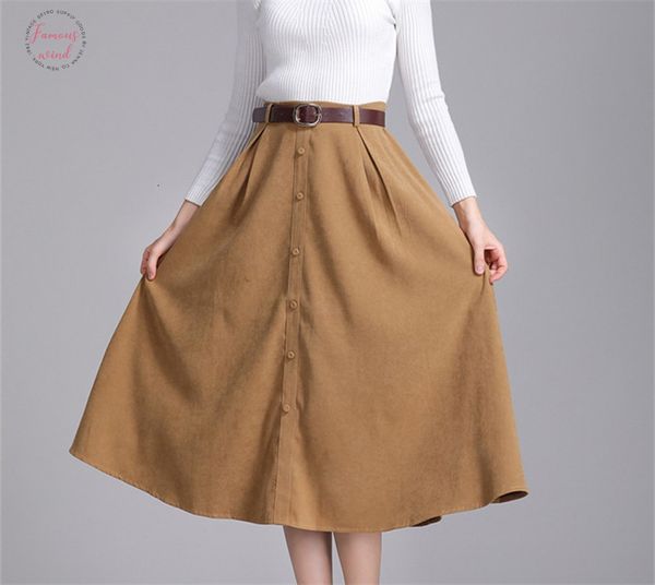 

замша новых женщин длинных midi юбка осень зима дама винтаж пояс кнопка высокая талия femininas solid юбка sk6679, Black