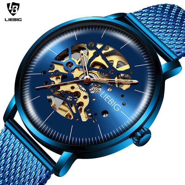 

liebig quartz automatic watch men mechanical wristwatch mens waterproof creative hollow clock hour montre homme l3001, Slivery;brown
