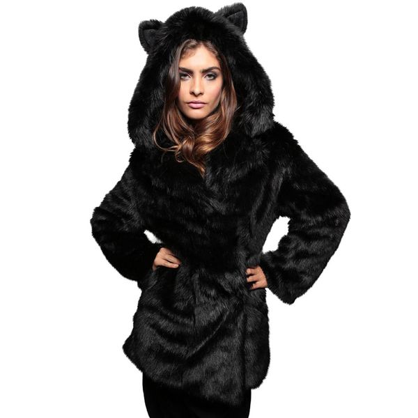 

new furry fur coat women fluffy thick warm long sleeve outerwear winter ear plush cartoon modeling coat jacket overcoat 7.13, Black