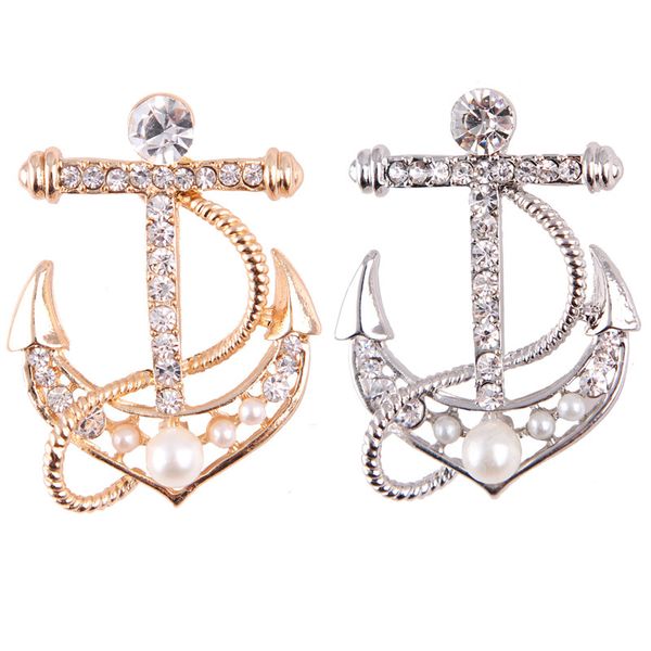 

sailors' anchor pearl brooch for men suit women rhinestone jewelry crystal pins gentleman's geometric badge clothing accessories, Gray