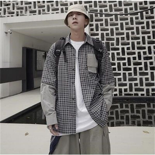 

autumn new japanese vintage fake two piece plaid long sleeve men shirt streetwear fashion loose casual homme shirts, White;black