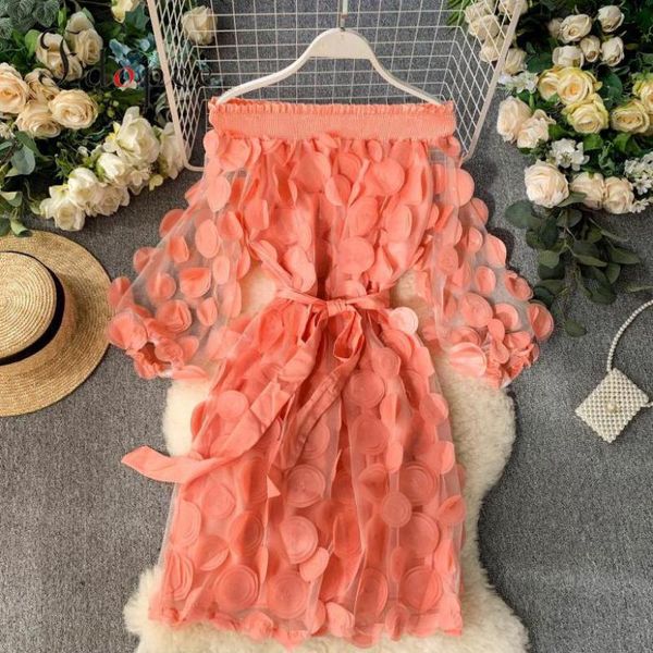 

dress women fashion dimensional flower bubble sleeve three quarter closing waist slash neck elegant dress solid color vestidos, Black;gray