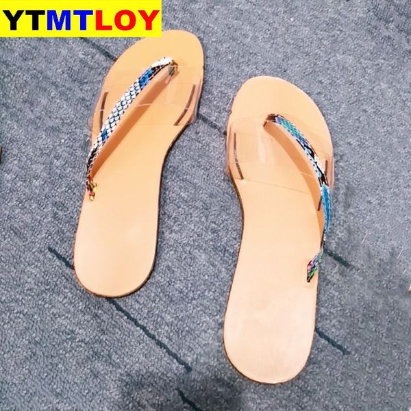 

2020 new summer outdoor flat bottom women slippers fashion transparent snake pattern wild plus size beach slippers 37-42, Black