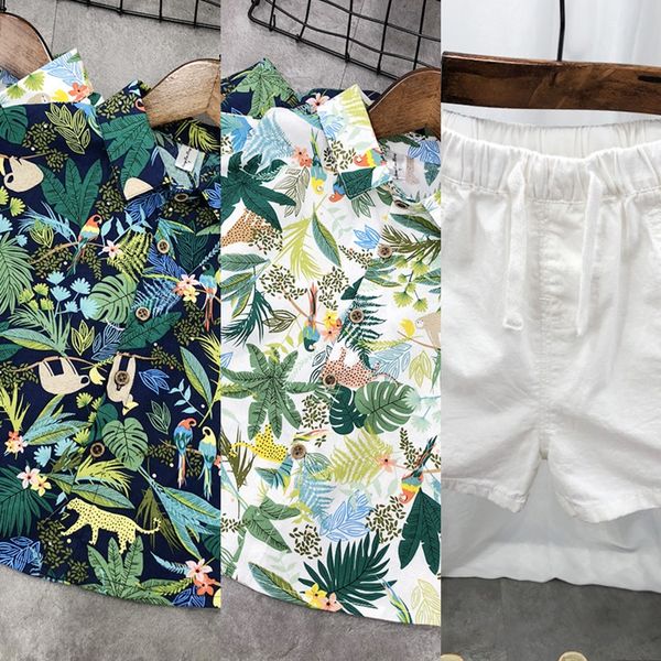 

children's short-sleeved summer dress foreign style hawaii shirt holiday style printed shirt men's and women's leisure suit, White;black