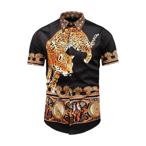 

true reveler design animal 3d leopard tiger men short sleeve shirts fashion flower print blouse gold panther, White;black
