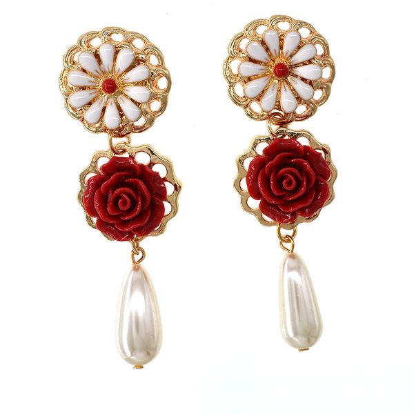 

baroque retro exaggerated big earrings red flower pearl long earrings female temperament red flowers luxury decoration, Silver