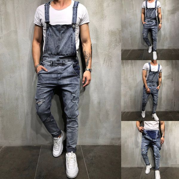 

men's overall streetwear casual jumpsuit jeans wash broken pocket trousers suspender pants men aesthetic pantalon homme, Blue