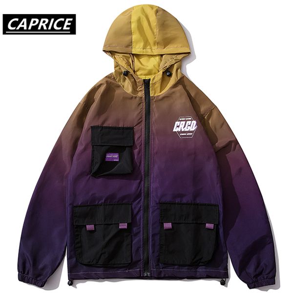 

caprice multi pockets gradient color hooded windbreaker jackets 2019 men hip hop full zip up track jacket coats fashion outwear, Black;brown