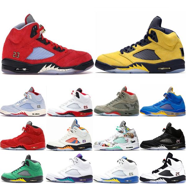 

new 2019 michigan inspire trophy room 5s ice blue men basketball shoes 5 laney yellow bred red suede metallic black sports sneakers
