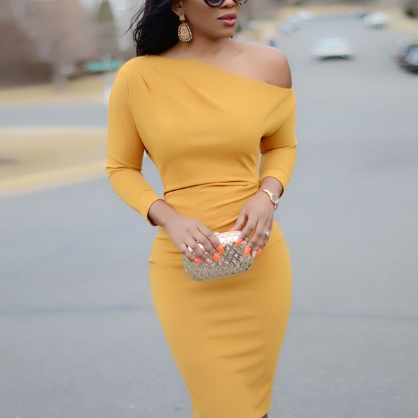 

woman dresses women clothes womens solid elegant bodycon casual office lady sheath midi work long sleeve shoulder spring dress, Black;gray