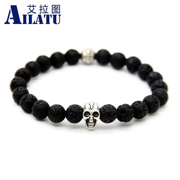 

ailatu wholesale men's beaded jewelry 8mm lava stone beads antique color skull bracelets, Golden;silver