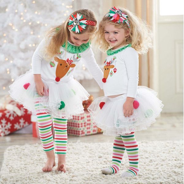 

new year baby girl christmas set girl's christmas clothes elk t-shirt + striped pants two-piece elk party costume, White