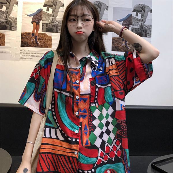 

women clothes pockets turn-down collar geometric harajuku ulzzang camisetas mujer manga corta fashion loose shirts hot, White