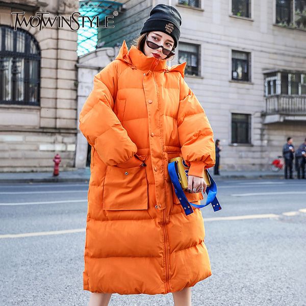 

twotwinstyle korean women's cotton coats hooded lantern long sleeve pocket warm thick parkas female winter fashion new 2019, Black