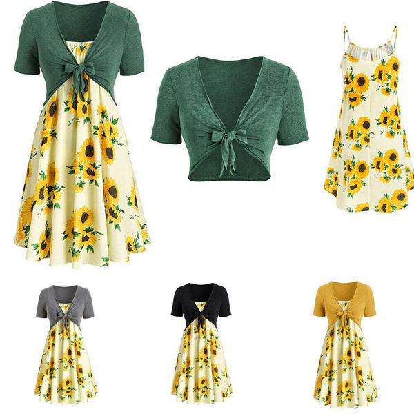 

women sunflower short mini dress party evening summer beach short sleeve holiday two pieces female fashion dress, Black;gray