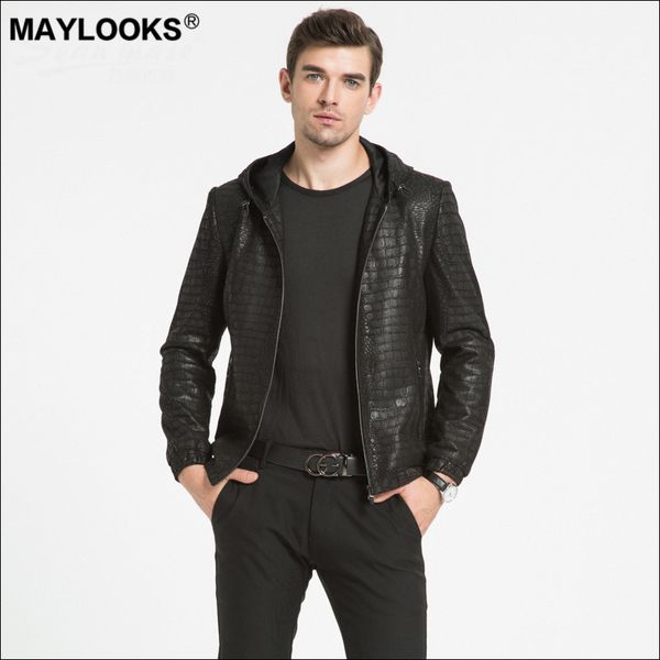 

maylooks 2019 new men's leather, sheepskin crocodile print jacket, casual hat, leather jacket ws84, Black