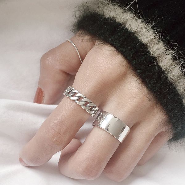 

chozon 925 sterling silver wide chain ring set silver vintage wild square strip chain open rings for women new fine jewelry gift