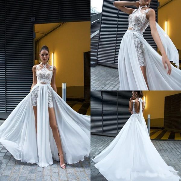 Encantador 2019 Chic Bohemian Beach Vestidos de Noiva com Saia Destacável Halter Curto Rendas Vestidos Noiva Verão Mulheres Vestidos Personalizados