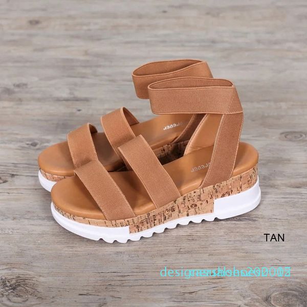 

2020 fashion solid platform sandals women serpentine peep toe mid heel wedges ankle buckle strap sandal women d05, Black